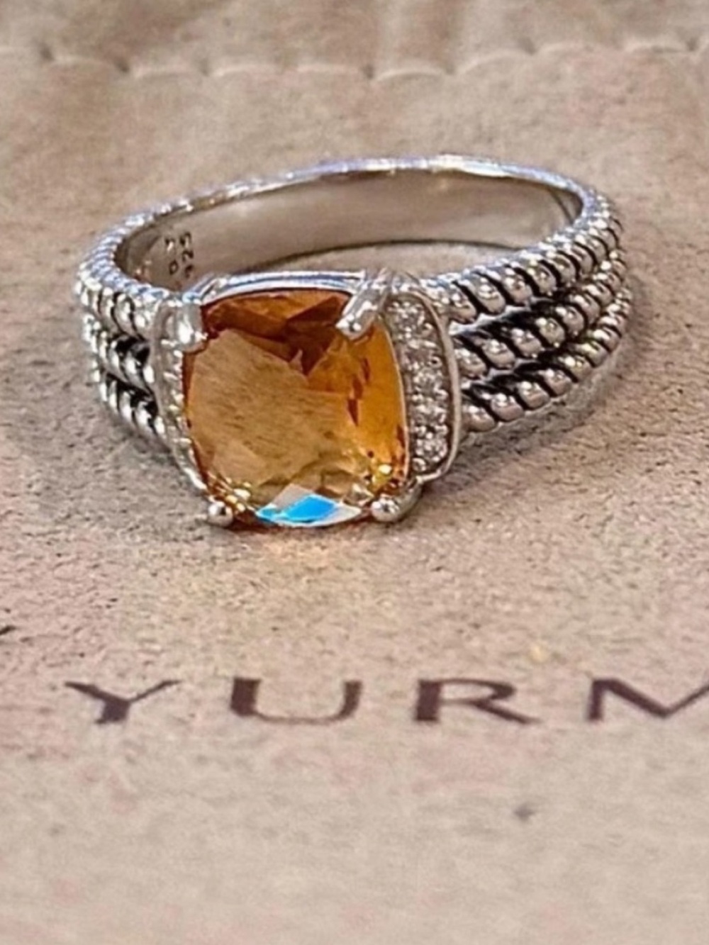 David Yurman Sterling Silver Citrine  & Diamond Wheaton Ring Size 8
